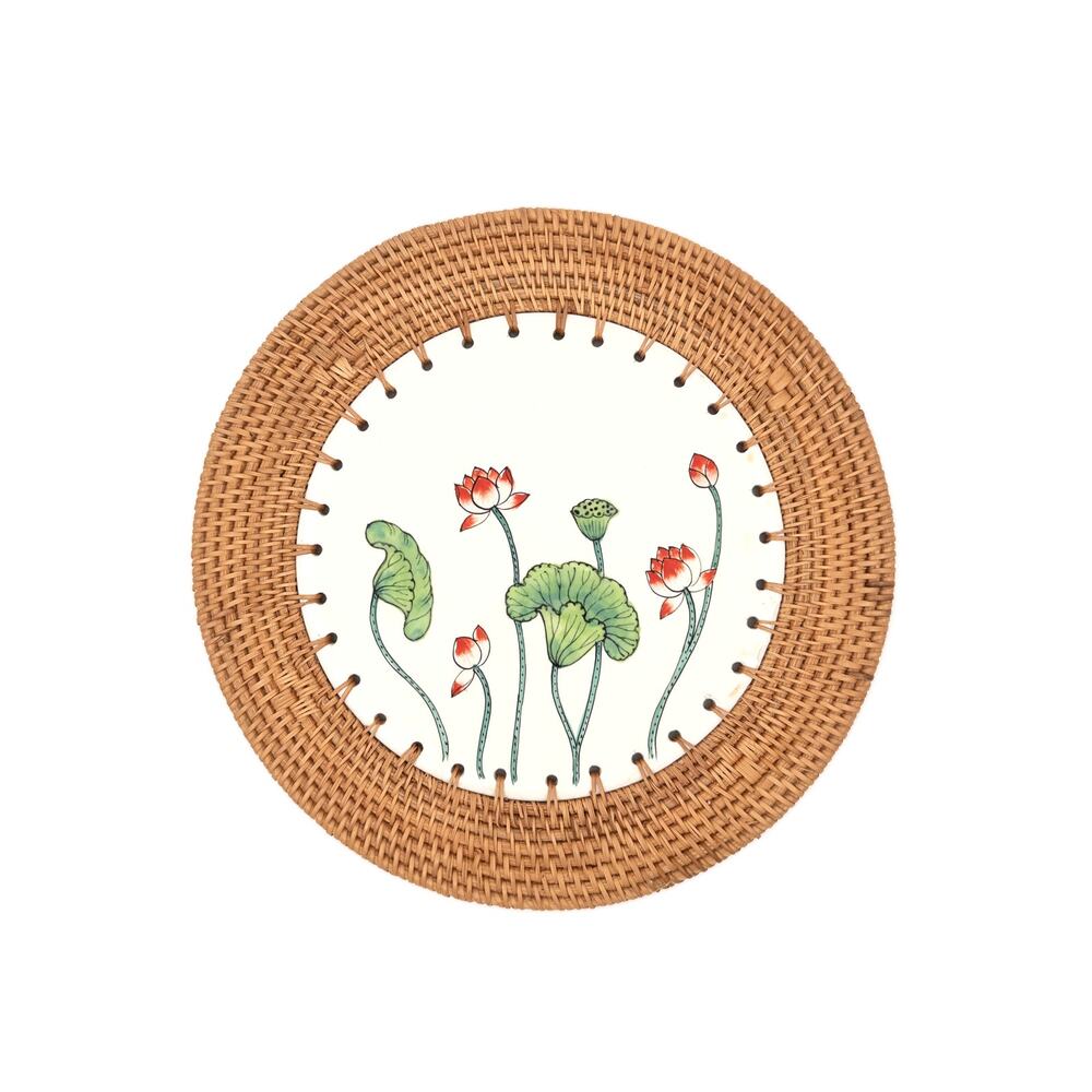 Handcrafted Vietnamese Ceramic & Rattan Trivet Heat Resistant Table Protector - Picture 3 of 4